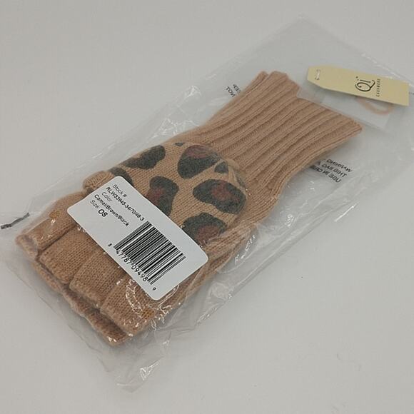 NWT Qi Cashmere Pop Top Gloves Camel Brown Black Leopard Print- - Picture 2 of 3